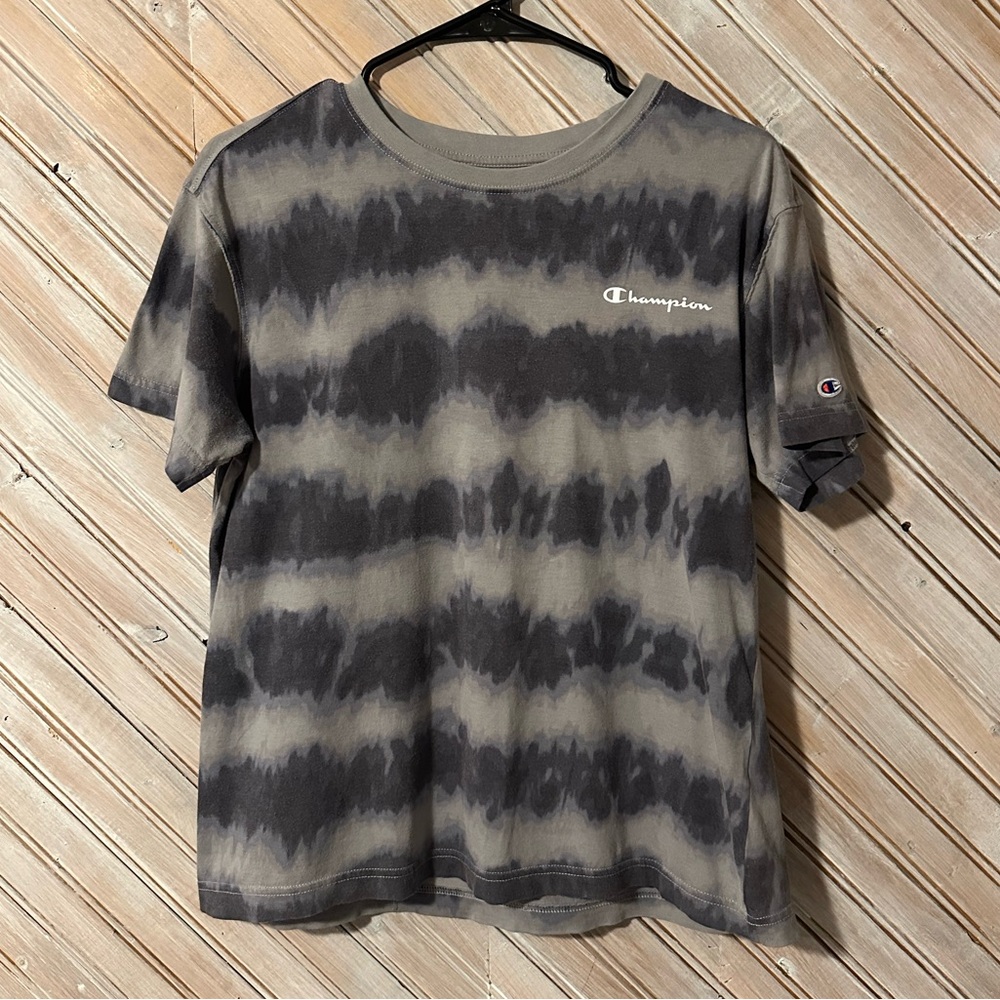 Champion Women's Black Blue Gray Tie-Dye Stripes Tee Shirt Acid Washed